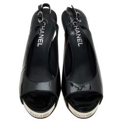 Pre Owned Chanel Black Patent Leather Slingback Platform Sandals Size 38.5