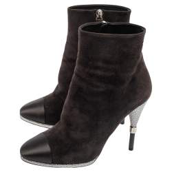 Chanel Tricolor Suede And Satin CC Cap Toe Ankle Boots Size 38.5