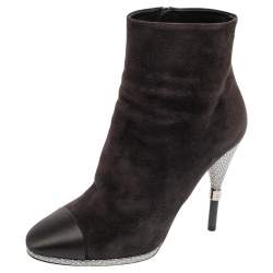 Chanel Tricolor Suede And Satin CC Cap Toe Ankle Boots Size 38.5