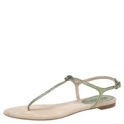 Pre Owned Chanel Metallic Green Lizard Leather CC Ankle Strap Flat Thong Sandals Size 40