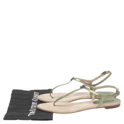 Pre Owned Chanel Metallic Green Lizard Leather CC Ankle Strap Flat Thong Sandals Size 40