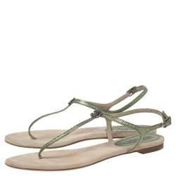 Pre Owned Chanel Metallic Green Lizard Leather CC Ankle Strap Flat Thong Sandals Size 40