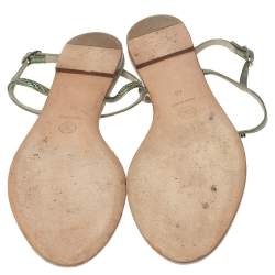 Pre Owned Chanel Metallic Green Lizard Leather CC Ankle Strap Flat Thong Sandals Size 40