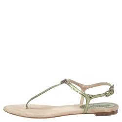 Pre Owned Chanel Metallic Green Lizard Leather CC Ankle Strap Flat Thong Sandals Size 40