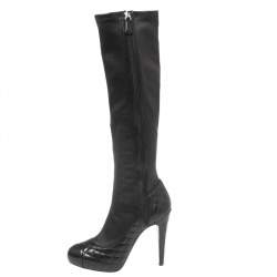 Chanel Black Quilted and Leather CC Cap-Toe Knee Length Boots Size 40.5