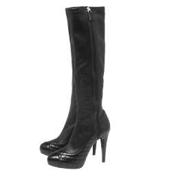 Chanel Black Quilted and Leather CC Cap-Toe Knee Length Boots Size 40.5