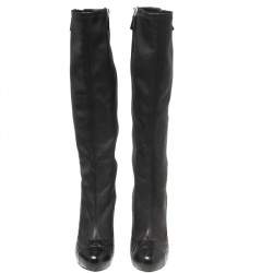 Chanel Black Quilted and Leather CC Cap-Toe Knee Length Boots Size 40.5