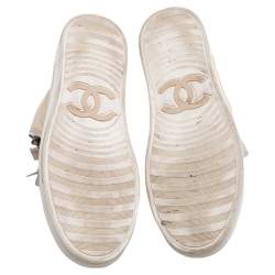 Pre Owned Chanel Grey/White Suede Canvas CC Double Zip High Top Sneakers Size 39.5
