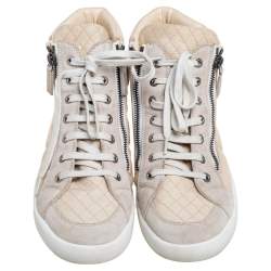 Pre Owned Chanel Grey/White Suede Canvas CC Double Zip High Top Sneakers Size 39.5