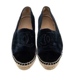 Pre Owned Chanel Navy Blue Velvet CC Cap Toe Espadrille Flats Size 39