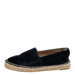 Pre Owned Chanel Navy Blue Velvet CC Cap Toe Espadrille Flats Size 39