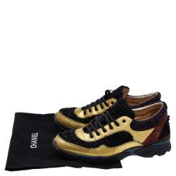Chanel Multicolor Tweed Fabric And Leather CC Lace Up Sneakers Size 38.