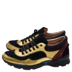 Chanel Multicolor Tweed Fabric And Leather CC Lace Up Sneakers Size 38.