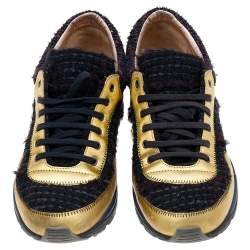 Chanel Multicolor Tweed Fabric And Leather CC Lace Up Sneakers Size 38.