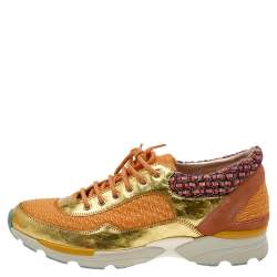 Pre Owned Chanel Multicolor Tweed Fabric And Patent Leather CC Lace Up Sneakers Size 38