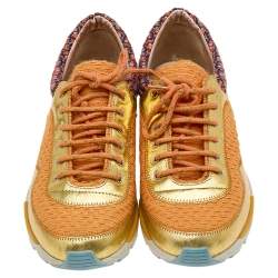 Pre Owned Chanel Multicolor Tweed Fabric And Patent Leather CC Lace Up Sneakers Size 38