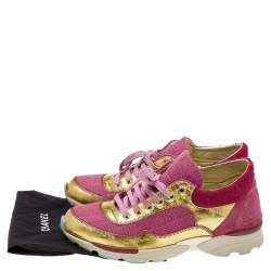 Pre Owned Chanel Pink/Gold Tweed Fabric And Patent Leather CC Lace Up Sneakers Size 38