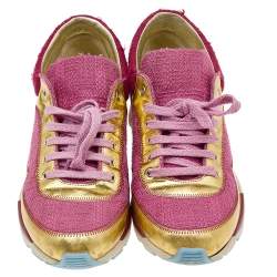 Pre Owned Chanel Pink/Gold Tweed Fabric And Patent Leather CC Lace Up Sneakers Size 38