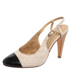 Pre Owned Chanel Beige/Black Quilted Leather Cap Toe Slingback Pumps Size 40