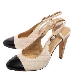 Pre Owned Chanel Beige/Black Quilted Leather Cap Toe Slingback Pumps Size 40