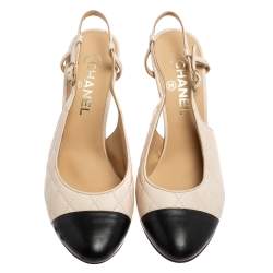 Pre Owned Chanel Beige/Black Quilted Leather Cap Toe Slingback Pumps Size 40