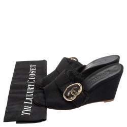 Chanel Black Canvas CC Heart Buckle Wedge Slide Sandals Size 37