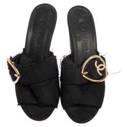 Chanel Black Canvas CC Heart Buckle Wedge Slide Sandals Size 37