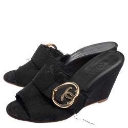 Chanel Black Canvas CC Heart Buckle Wedge Slide Sandals Size 37