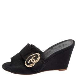 Chanel Black Canvas CC Heart Buckle Wedge Slide Sandals Size 37