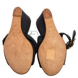 Chanel Black Canvas CC Heart Buckle Wedge Slide Sandals Size 37