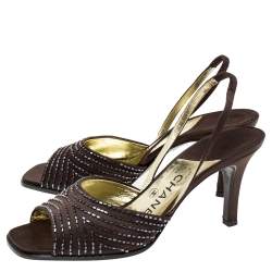 Pre Owned Chanel Brown Satin Slingback Sandals Size 38