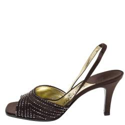 Pre Owned Chanel Brown Satin Slingback Sandals Size 38