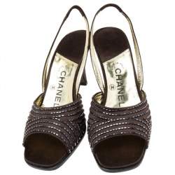 Pre Owned Chanel Brown Satin Slingback Sandals Size 38