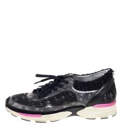 Pre Owned Chanel Black/Pink Tweed And PVC  CC Low Top  Sneakers Size 39