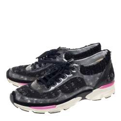 Pre Owned Chanel Black/Pink Tweed And PVC  CC Low Top  Sneakers Size 39