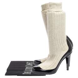 Chanel Black/Off White Patent Leather And Sock Knee Boots Size 39.5
