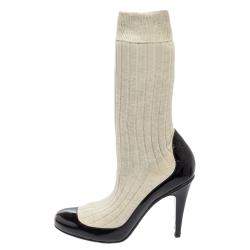 Chanel Black/Off White Patent Leather And Sock Knee Boots Size 39.5