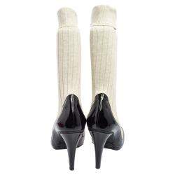 Chanel Black/Off White Patent Leather And Sock Knee Boots Size 39.5