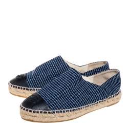 مملوكة مسبقًا حذاء فلات إسبادريل شانيل غطاء مقدمة سي سي جلد وتويد أسود/ أزرق مقاس 37