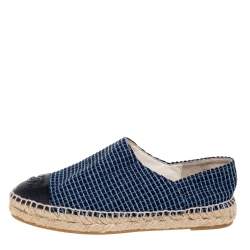 مملوكة مسبقًا حذاء فلات إسبادريل شانيل غطاء مقدمة سي سي جلد وتويد أسود/ أزرق مقاس 37