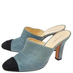 Chanel Blue/Black Denim and Fabric CC Cap Toe Mules Size 38