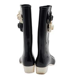 Chanel Black Rubber Camellia Rain Boots Size 38