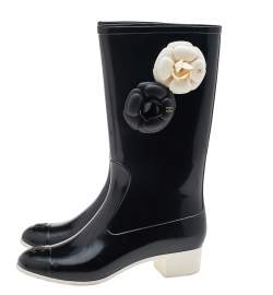 Chanel Black Rubber Camellia Rain Boots Size 38