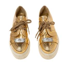 Pre Owned Chanel Metallic Gold Distressed Foil Leather Creepers Platform Sneakers Size 40