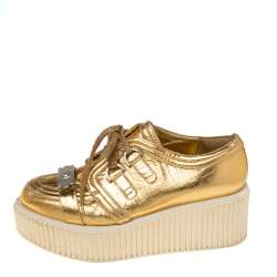 Pre Owned Chanel Metallic Gold Distressed Foil Leather Creepers Platform Sneakers Size 40