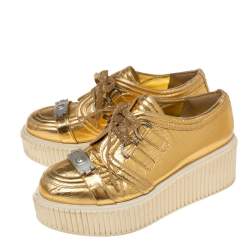 Pre Owned Chanel Metallic Gold Distressed Foil Leather Creepers Platform Sneakers Size 40