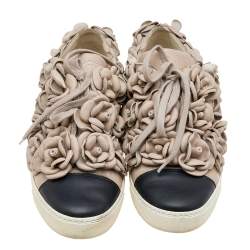 Pre Owned Chanel Beige/Black Leather Camellia Cap Toe Low Top Sneakers Size 38