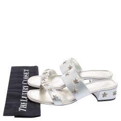 Chanel Silver Leather Embellished Slide Sandals Size 41