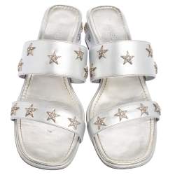 Chanel Silver Leather Embellished Slide Sandals Size 41