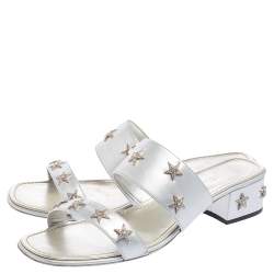 Chanel Silver Leather Embellished Slide Sandals Size 41